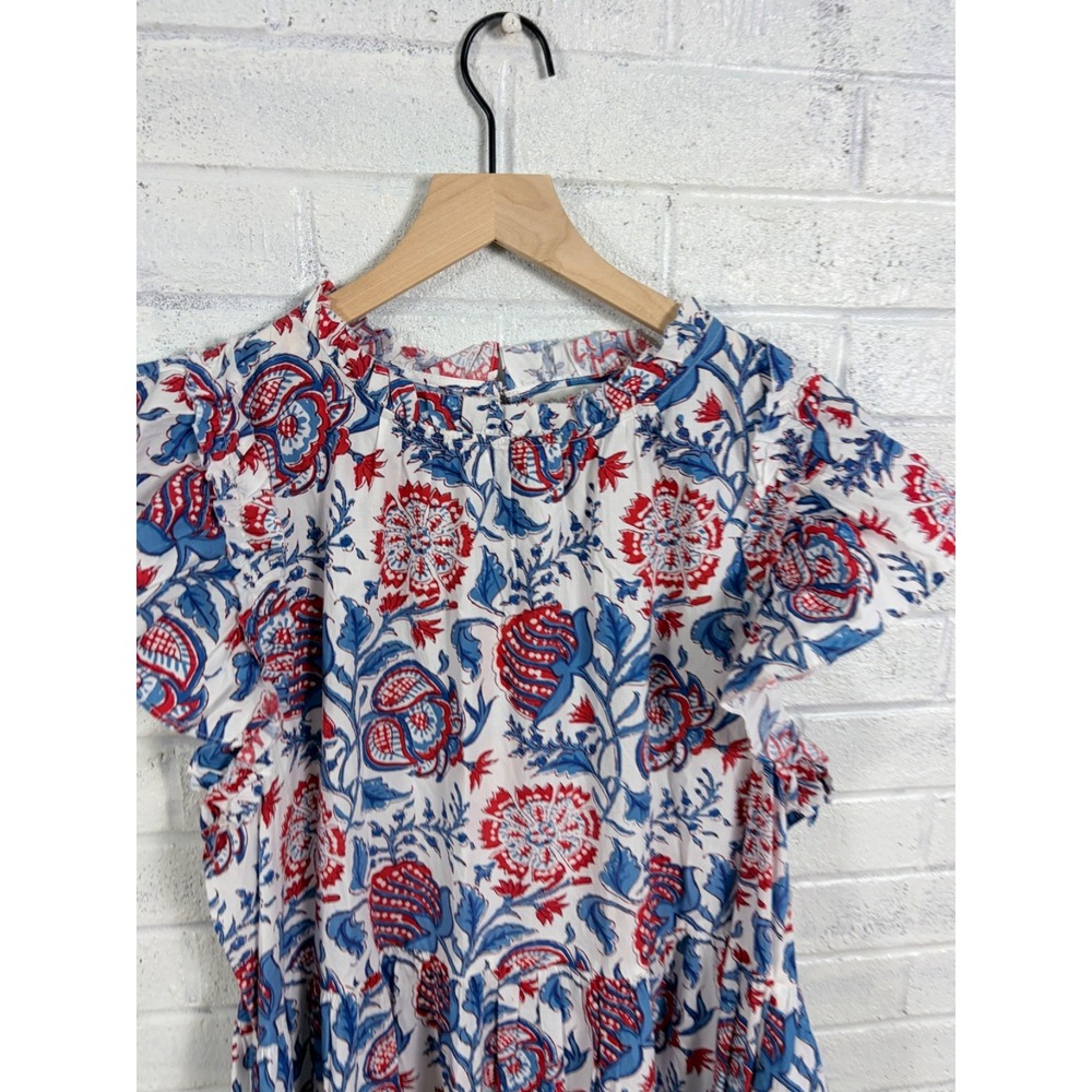 Caroline Constas Dress Womens XL Blue Red Floral Print Flutter Sleeve Cotton - Picture 3 of 10
